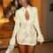 Sexy Mini Dress Hugcitar Turtleneck Long Flare Sleeve Patchwork Lace Hollow Out Button Women Party 11