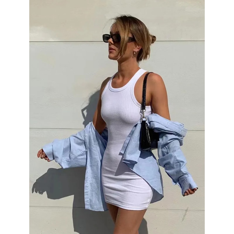 Black Ribbed Bodycon Summer Dress Sexy Sleeveless Vest Mini Dress Womens Solid Color Tight Fitting 2