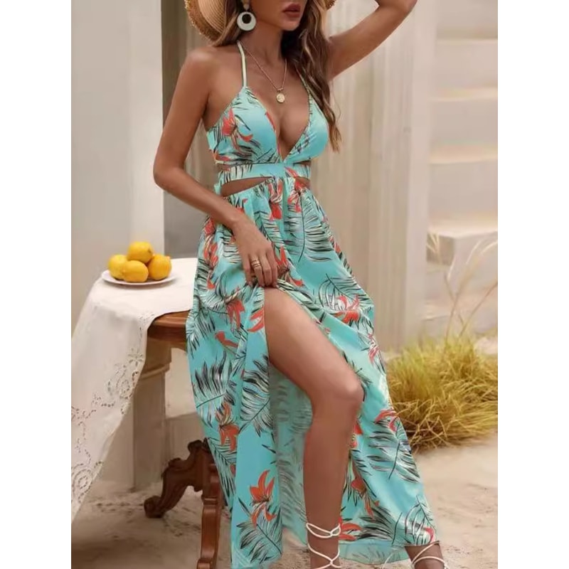 Sexy Beach Style Summer Fashion Womens Elegant Printed Bohemian Bareback Bow Split Party Dress 0