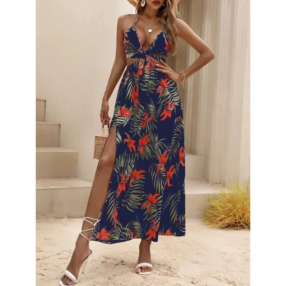 Sexy Beach Style Summer Fashion Womens Elegant Printed Bohemian Bareback Bow Split Party Dress 8