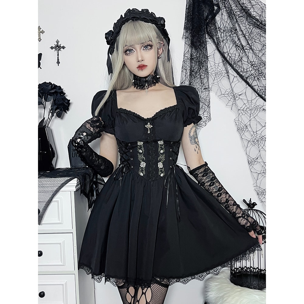 Dark Lace Up Vintage Gothic Corset Dress Women Lolita Princess Dress Streetwear Partywear