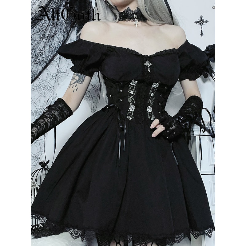 Dark Lace Up Vintage Gothic Corset Dress Women Lolita Princess Dress Streetwear Partywear