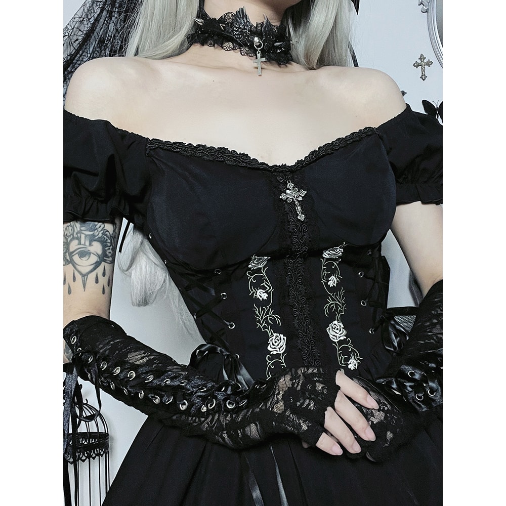 Dark Lace Up Vintage Gothic Corset Dress Women Lolita Princess Dress Streetwear Partywear