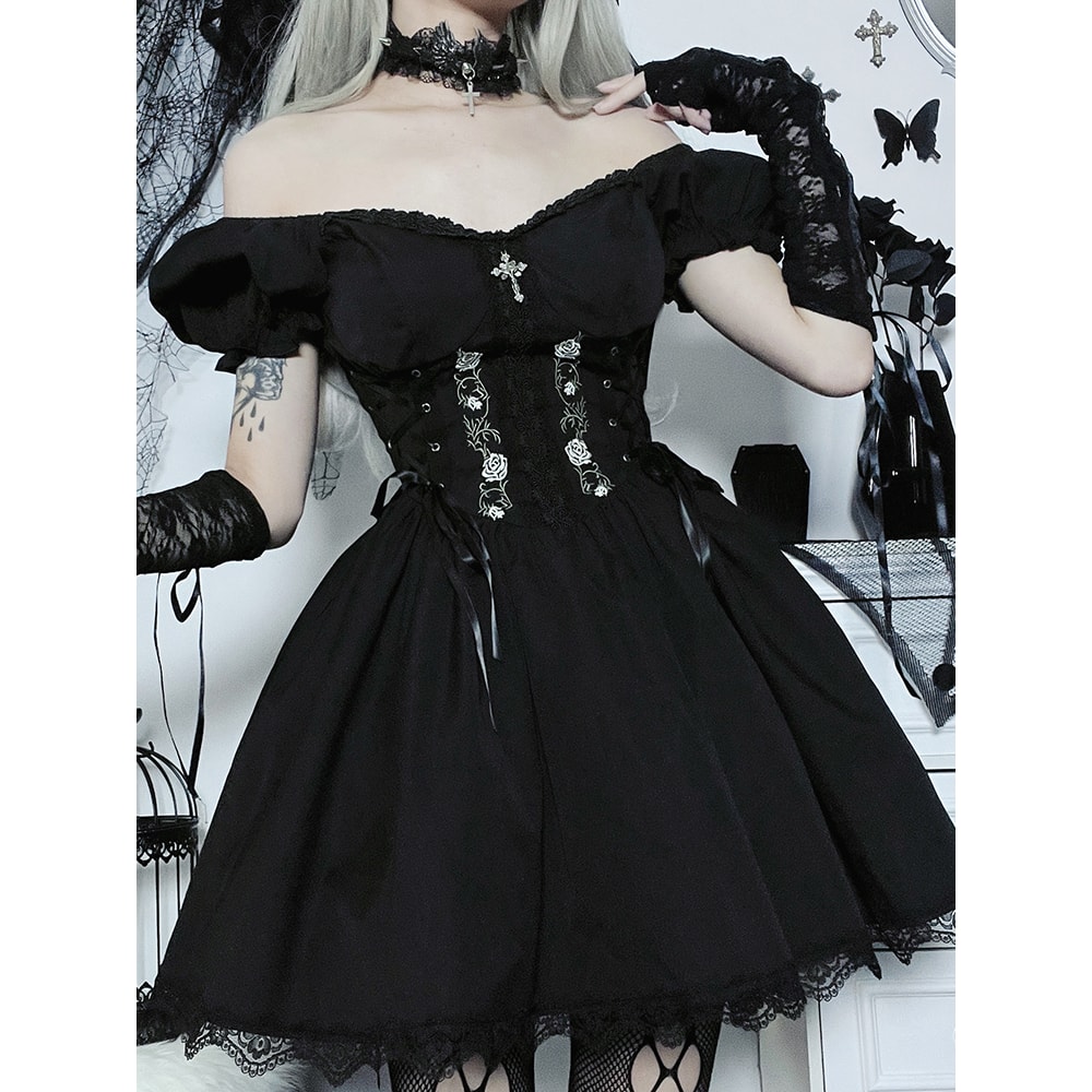 Dark Lace Up Vintage Gothic Corset Dress Women Lolita Princess Dress Streetwear Partywear