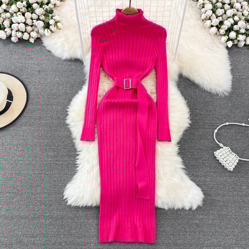 Autumn Winter Long Sleeve Bodycon Sweater Dress with Belt, Turtleneck Sexy Wrap Hips Knitted Dresses Women