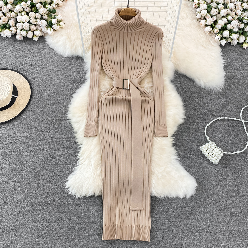 Autumn Winter Long Sleeve Bodycon Sweater Dress with Belt, Turtleneck Sexy Wrap Hips Knitted Dresses Women