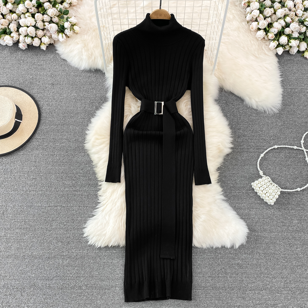 Autumn Winter Long Sleeve Bodycon Sweater Dress with Belt, Turtleneck Sexy Wrap Hips Knitted Dresses Women