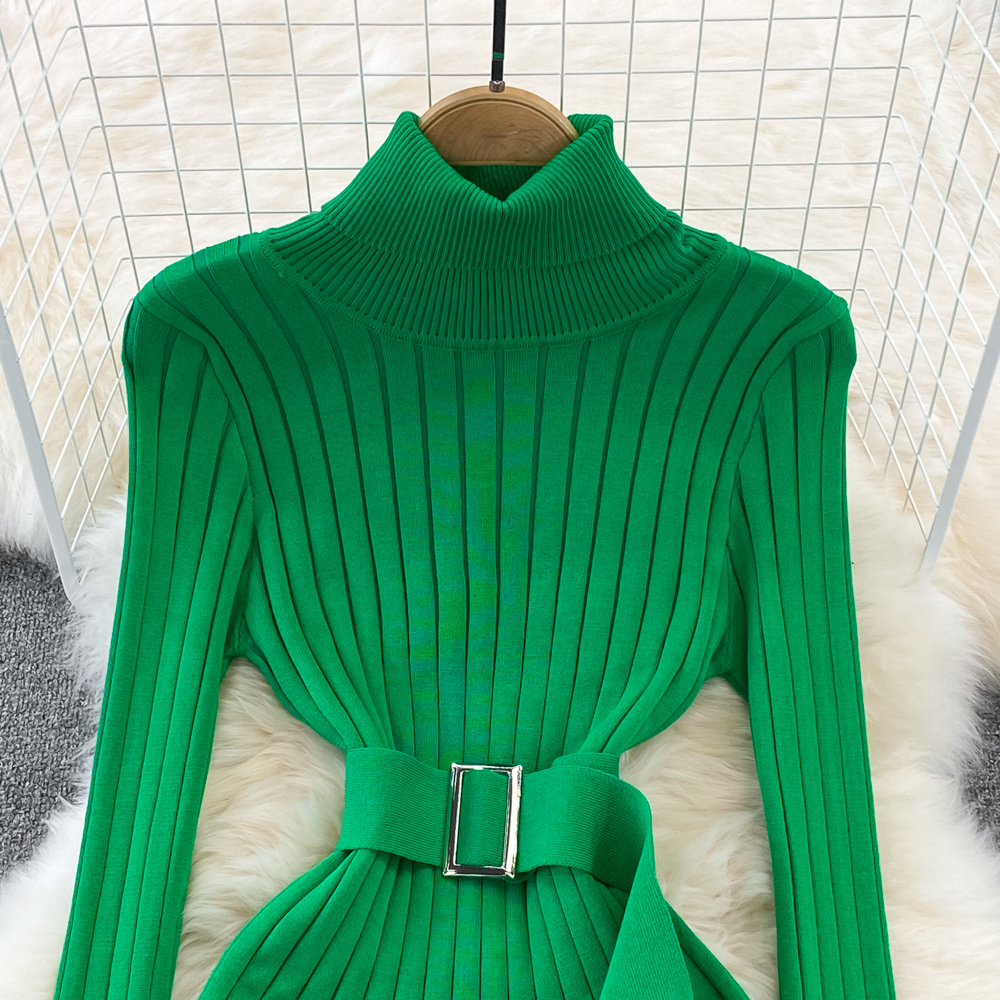 Autumn Winter Long Sleeve Bodycon Sweater Dress with Belt, Turtleneck Sexy Wrap Hips Knitted Dresses Women