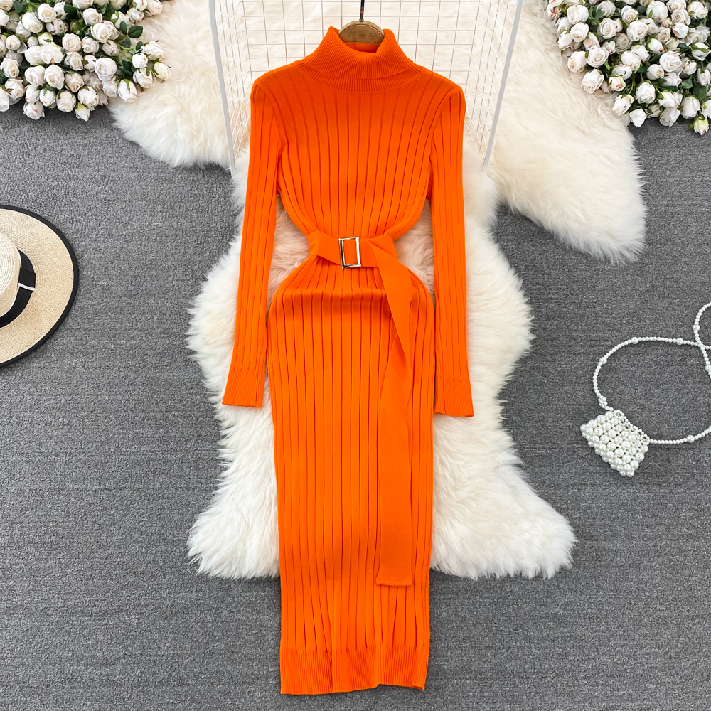 Autumn Winter Long Sleeve Bodycon Sweater Dress with Belt, Turtleneck Sexy Wrap Hips Knitted Dresses Women