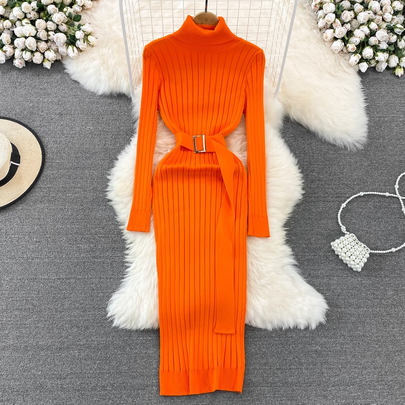 Autumn Winter Long Sleeve Bodycon Sweater Dress with Belt, Turtleneck Sexy Wrap Hips Knitted Dresses Women
