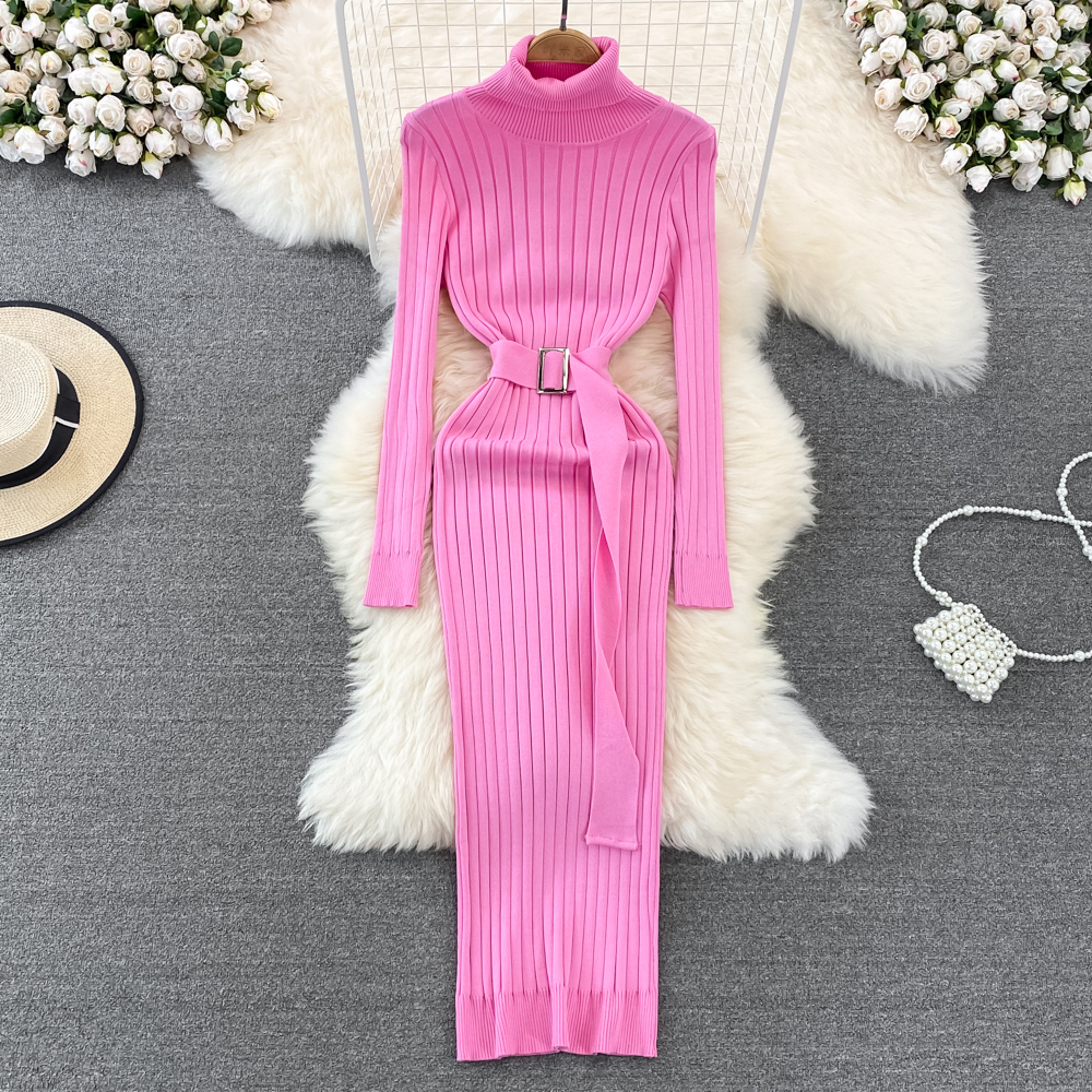 Autumn Winter Long Sleeve Bodycon Sweater Dress with Belt, Turtleneck Sexy Wrap Hips Knitted Dresses Women