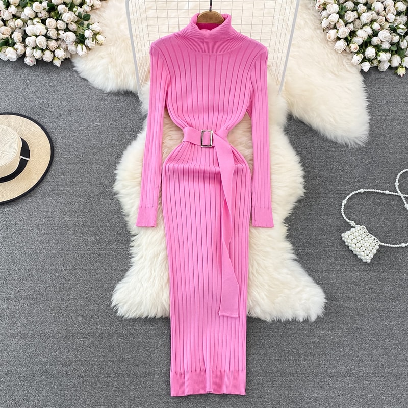 Autumn Winter Long Sleeve Bodycon Sweater Dress with Belt, Turtleneck Sexy Wrap Hips Knitted Dresses Women