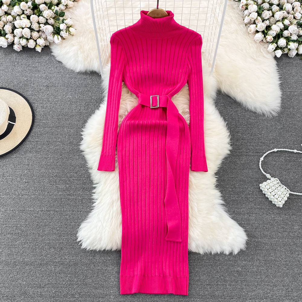 Autumn Winter Long Sleeve Bodycon Sweater Dress with Belt, Turtleneck Sexy Wrap Hips Knitted Dresses Women