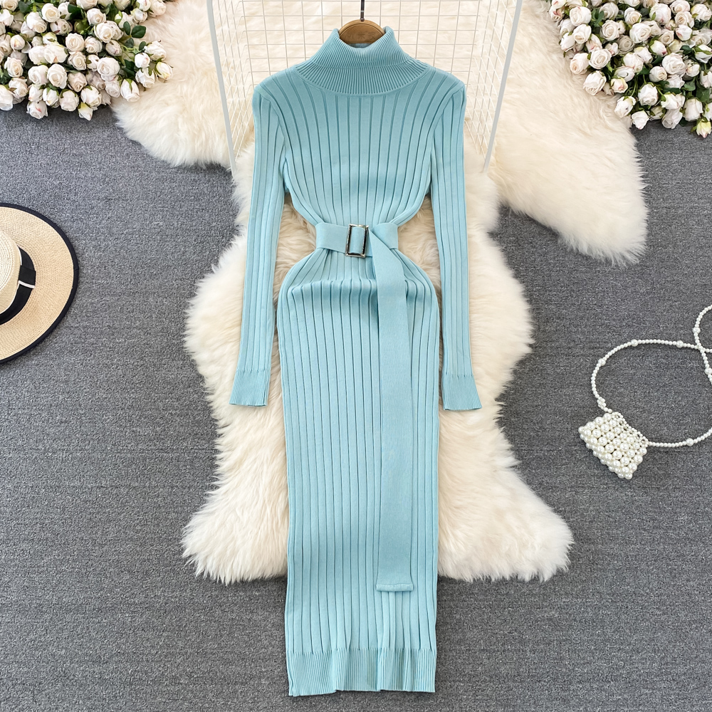 Autumn Winter Long Sleeve Bodycon Sweater Dress with Belt, Turtleneck Sexy Wrap Hips Knitted Dresses Women
