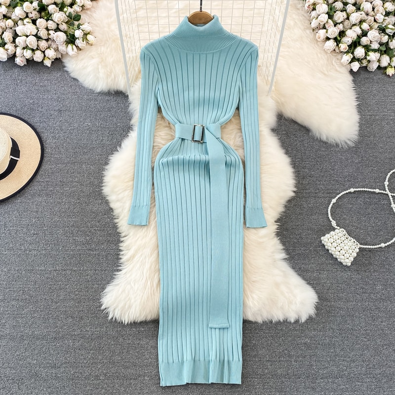 Autumn Winter Long Sleeve Bodycon Sweater Dress with Belt, Turtleneck Sexy Wrap Hips Knitted Dresses Women