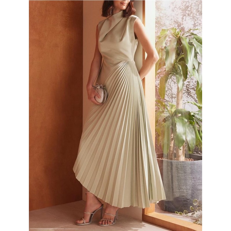 Womens Solid Color Sleeveless High Neck Party Dress High Waist Pleated Floor Length Graceful Evenin 10