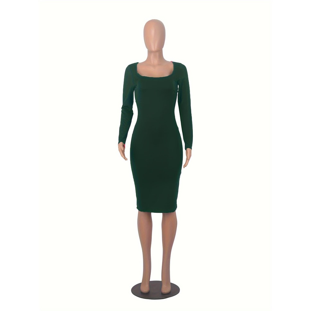 Stretch Winter Dress Womens Long Sleeve U-Neck Bodycon Midi Jumper