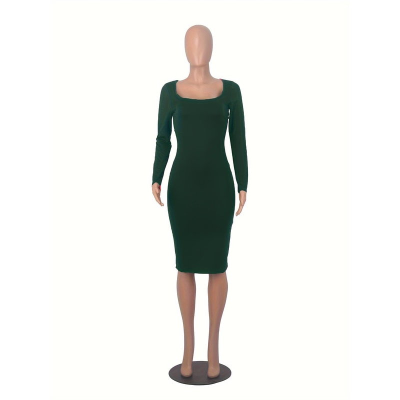 Stretch Winter Dress Womens Long Sleeve U-Neck Bodycon Midi Jumper