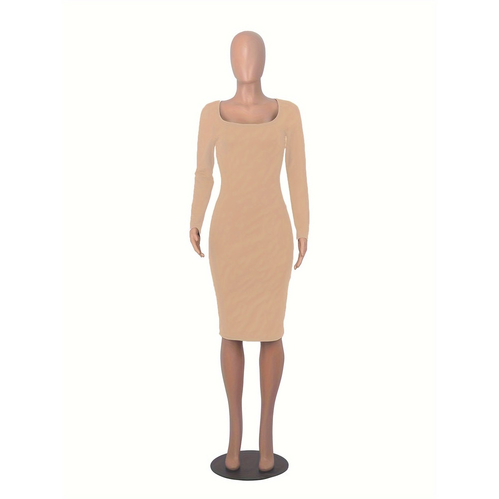 Stretch Winter Dress Womens Long Sleeve U-Neck Bodycon Midi Jumper