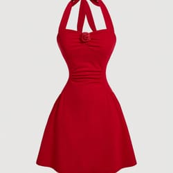 new red bow halter dress female autumn spice girl pleated fashion waist show thin short skirt trend