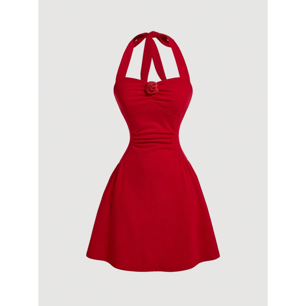 New Red Bow Halter Dress Female Autumn Spice Girl Pleated Fashion Waist Show Thin Short Skirt Trend 3