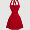 New Red Bow Halter Dress Female Autumn Spice Girl Pleated Fashion Waist Show Thin Short Skirt Trend 3