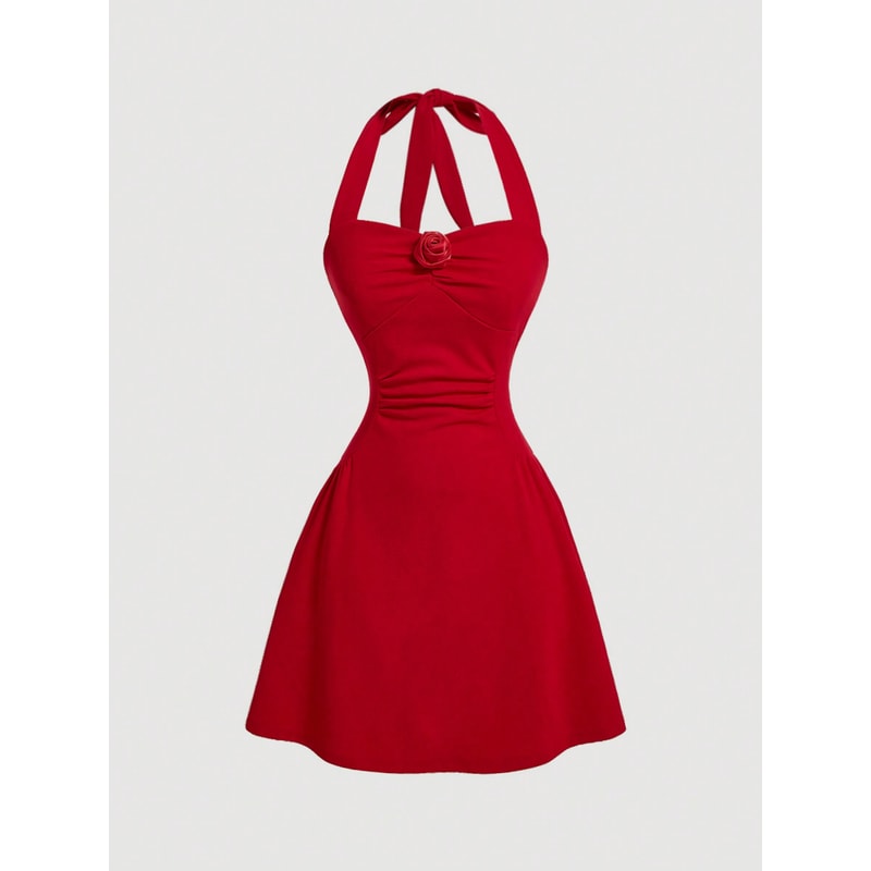 New Red Bow Halter Dress Female Autumn Spice Girl Pleated Fashion Waist Show Thin Short Skirt Trend 3