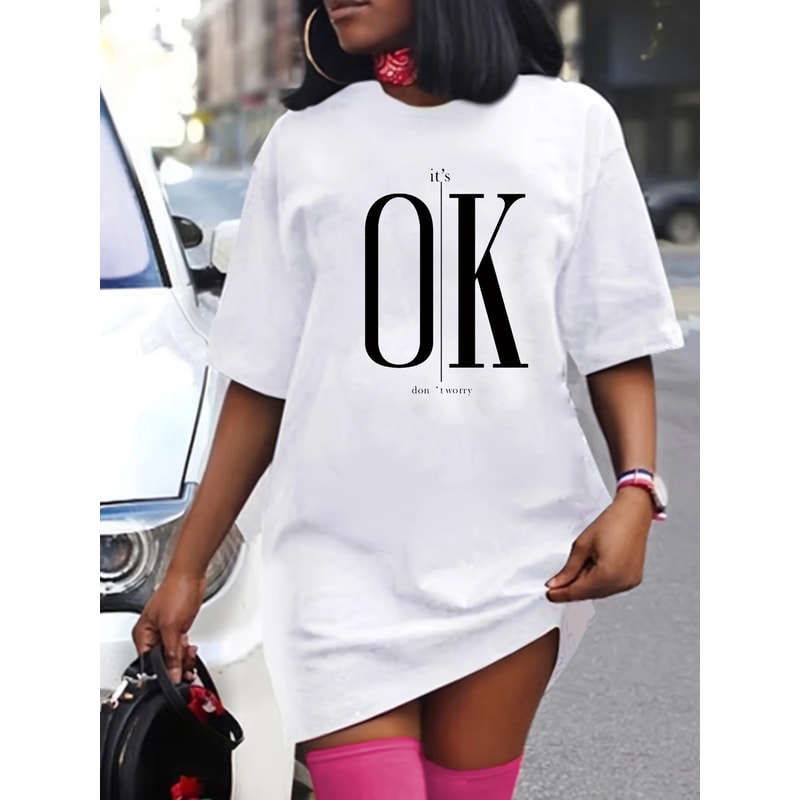 Women's Summer Casual Lip Print Loose Size Round Neck Short Sleeved T-shirt Dress, Comfortable and