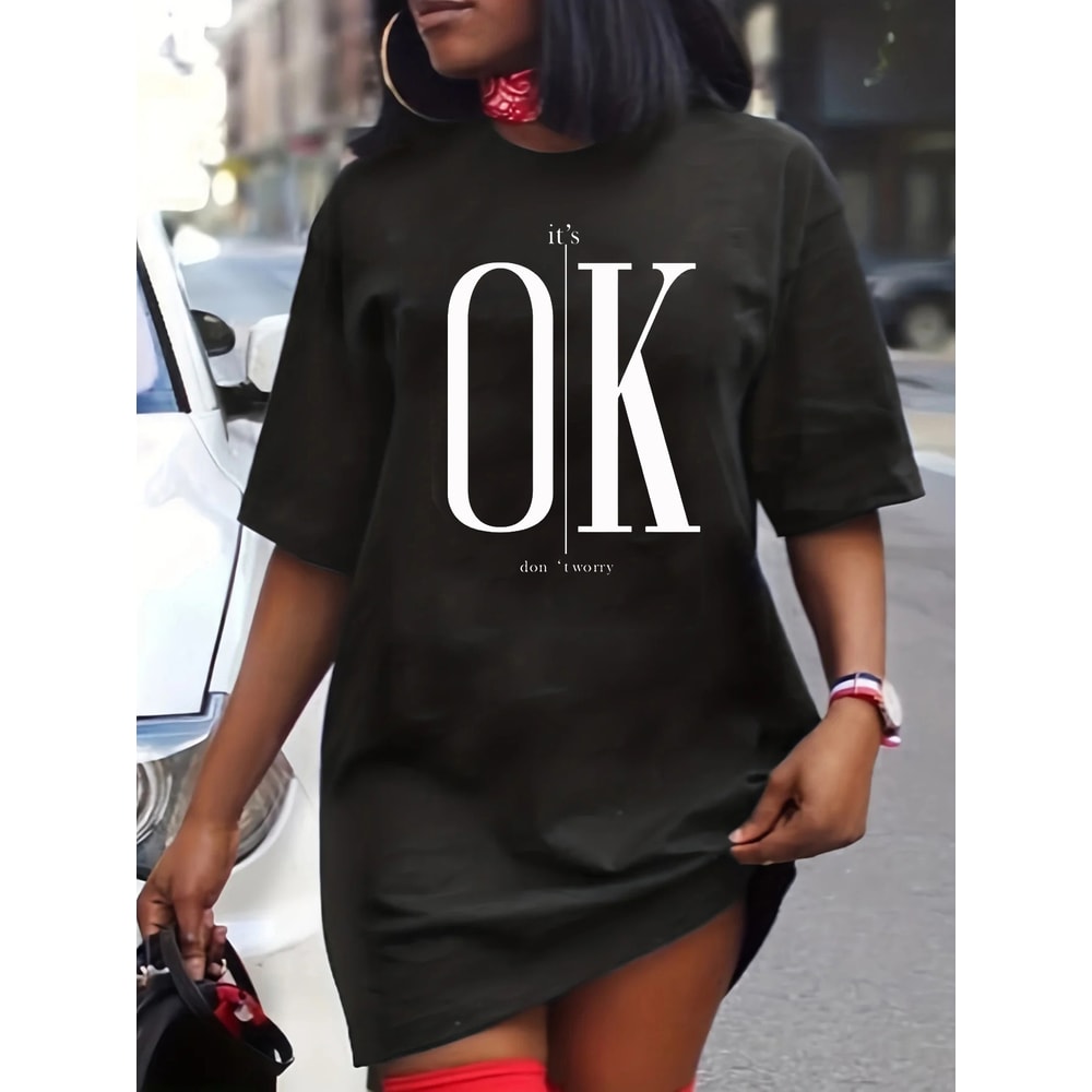 Women's Summer Casual Lip Print Loose Size Round Neck Short Sleeved T-shirt Dress, Comfortable and