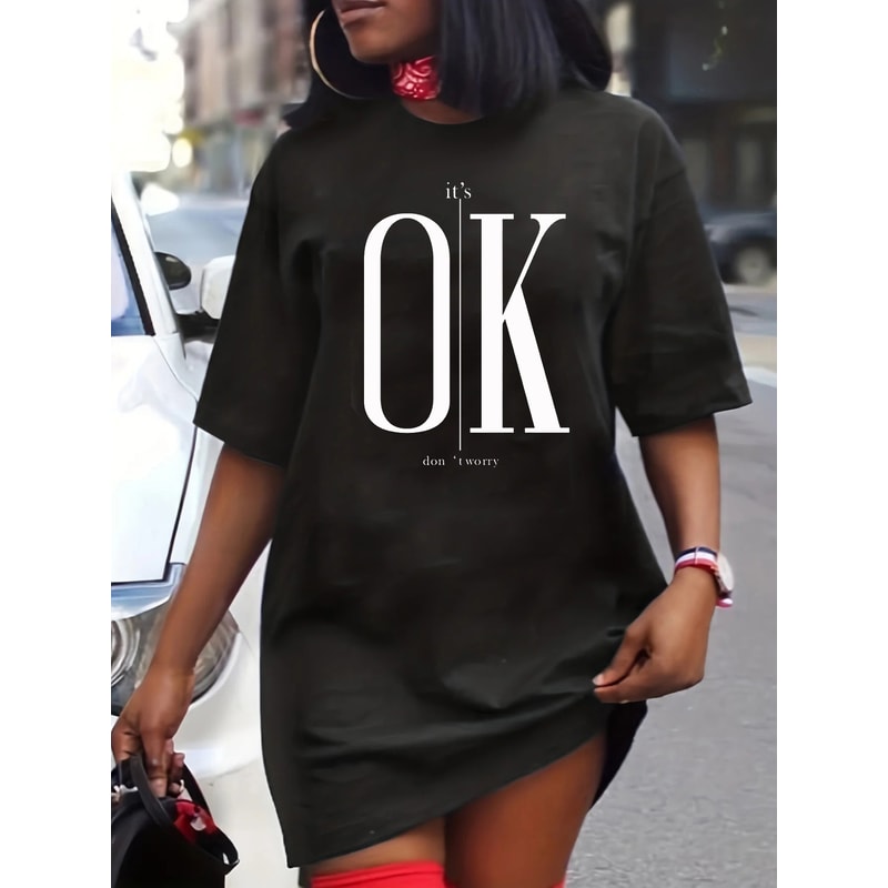 Women's Summer Casual Lip Print Loose Size Round Neck Short Sleeved T-shirt Dress, Comfortable and