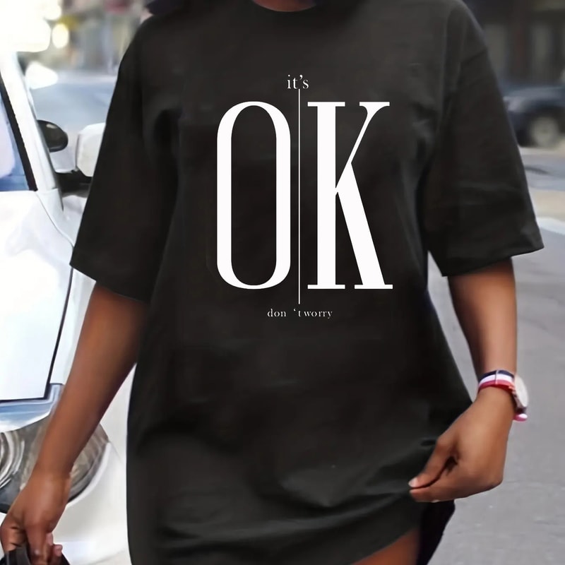 Women's Summer Casual Lip Print Loose Size Round Neck Short Sleeved T-shirt Dress, Comfortable and