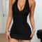 Womens Sexy VNeck Halter Neck SlimFit Textured Mini Dress 0