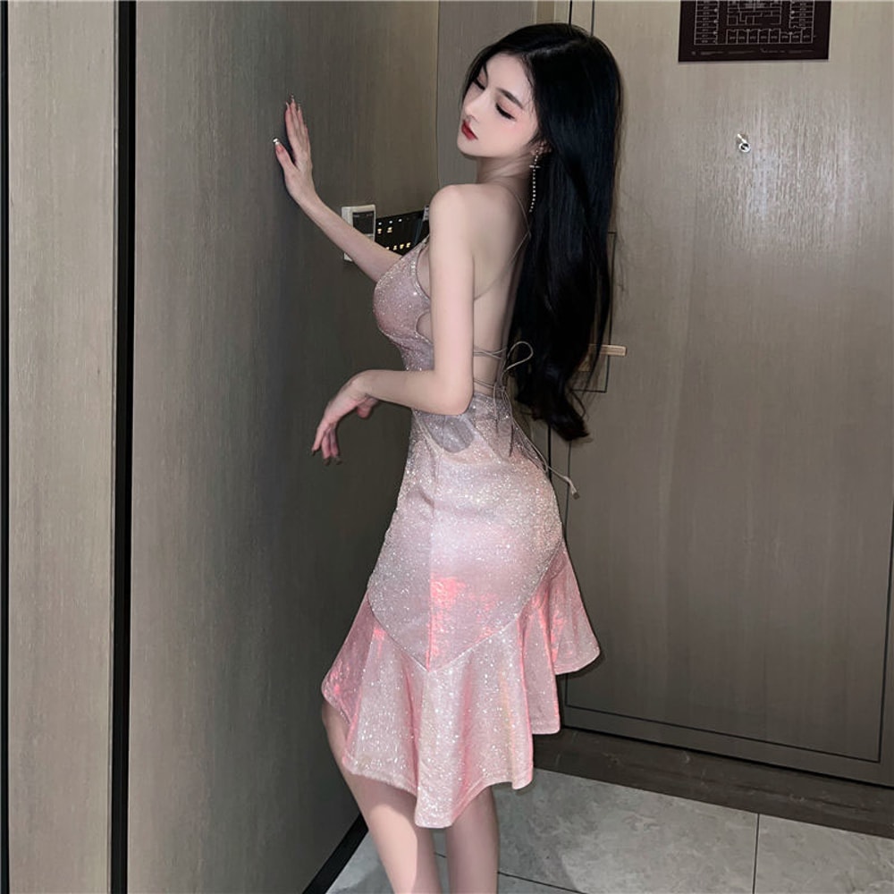 Sexy Women Golden Mermaid Dress Biyaby Spaghetti Strap Strapless Bandage Dress Elastic Solid Color 3