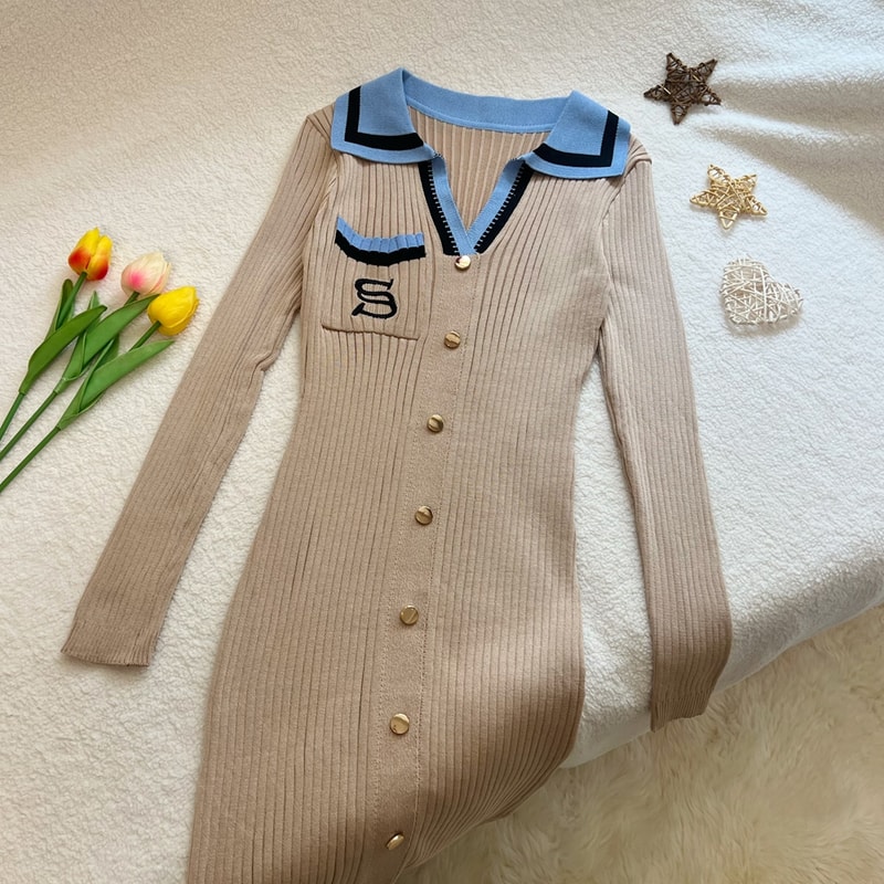 Elegant Lady Office Dress, Embroidery Slim Elastic Long Sweater Vestido