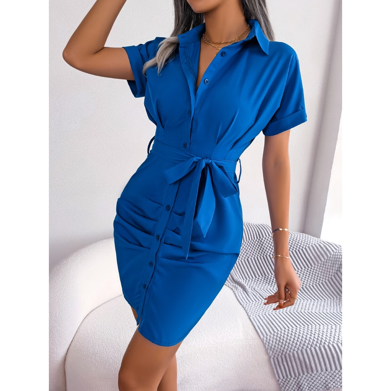 Women Summer Casual Short Sleeve Buttons Pleated Pencil Dress Blue Pink Red Work To Weekend Midi St 2