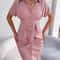Women Summer Casual Short Sleeve Buttons Pleated Pencil Dress Blue Pink Red Work To Weekend Midi St 3
