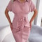 Women Summer Casual Short Sleeve Buttons Pleated Pencil Dress Blue Pink Red Work To Weekend Midi St 3