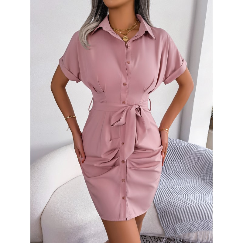 Women Summer Casual Short Sleeve Buttons Pleated Pencil Dress Blue Pink Red Work To Weekend Midi St 3
