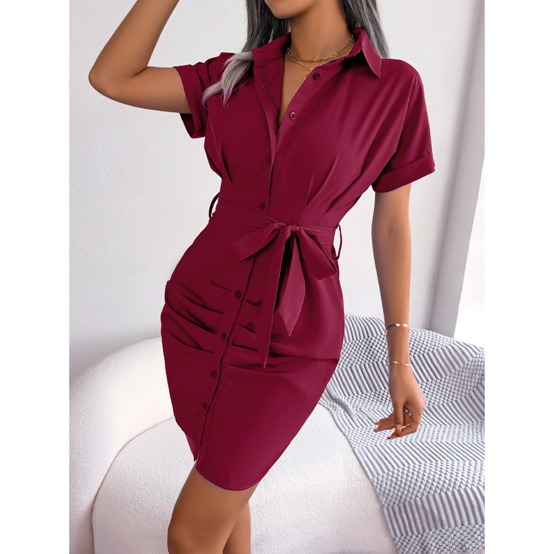 Women Summer Casual Short Sleeve Buttons Pleated Pencil Dress Blue Pink Red Work To Weekend Midi St 6
