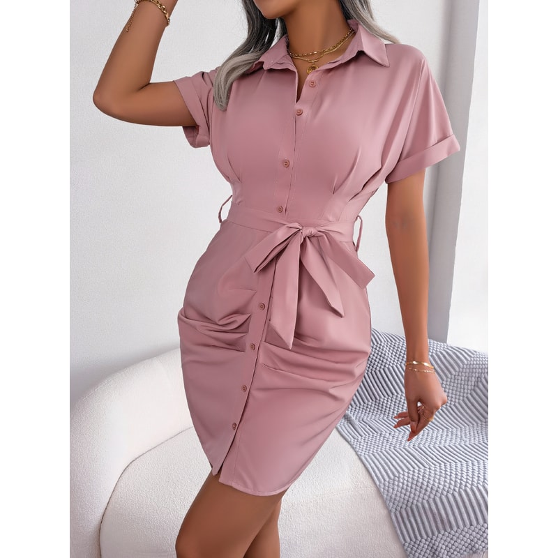 Women Summer Casual Short Sleeve Buttons Pleated Pencil Dress Blue Pink Red Work To Weekend Midi St 8