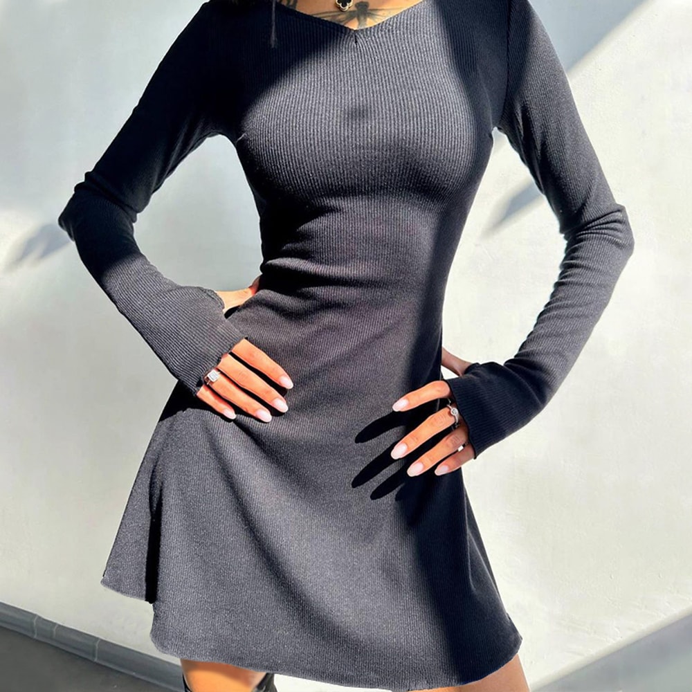 Black Sexy V Neck Mini Dress, Autumn Winter Elegant Women Dresses, Long Sleeve Slim Solid Color Dress