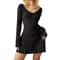 Black Sexy V Neck Mini Dress, Autumn Winter Elegant Women Dresses, Long Sleeve Slim Solid Color Dress