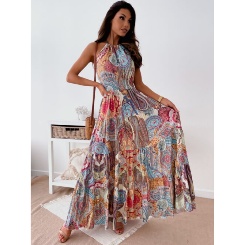 Fashionable Bohemian-Style Printed Backless Suspender Long Dress for Women, Sexy and Elegant Summer Dress, Trendy Boho