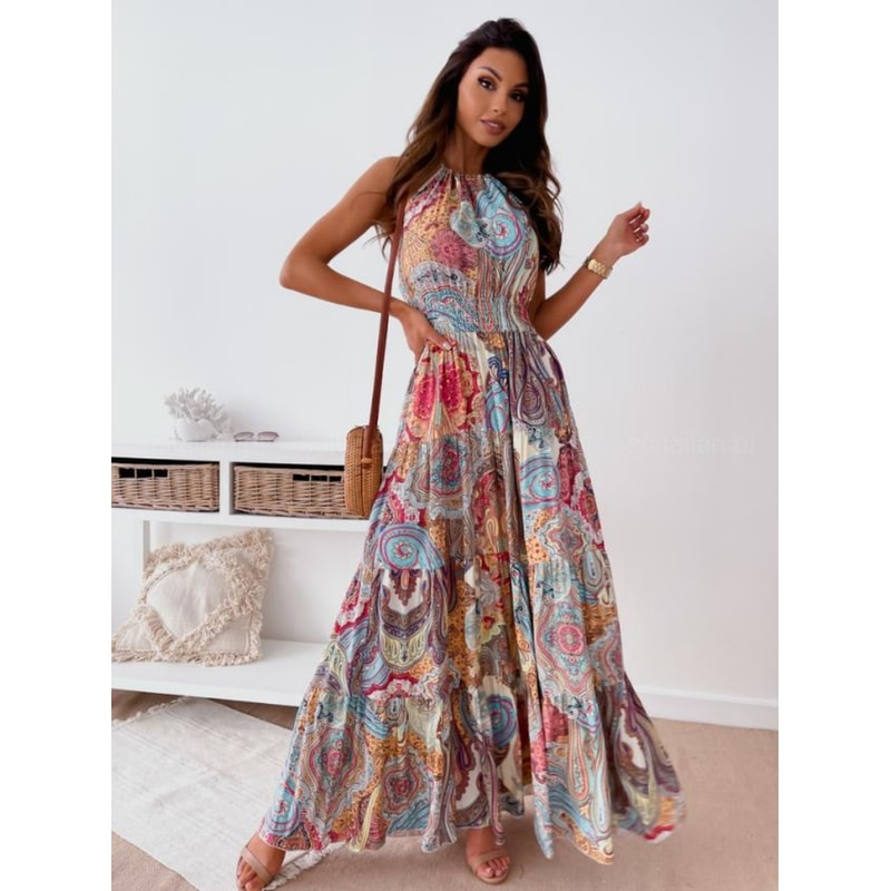 Fashionable Bohemian-Style Printed Backless Suspender Long Dress for Women, Sexy and Elegant Summer Dress, Trendy Boho