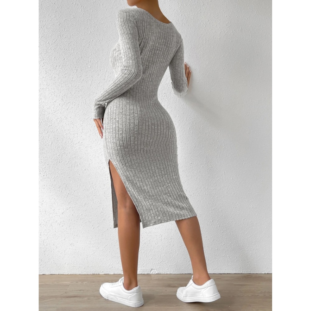 Casual Long Sleeve Scoop Neck Midi Dress Womens Plain Split Thigh Ribbed Bodycon Dress For Fall And 1