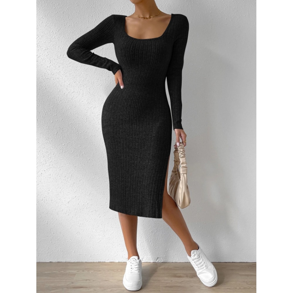 Casual Long Sleeve Scoop Neck Midi Dress Womens Plain Split Thigh Ribbed Bodycon Dress For Fall And 2