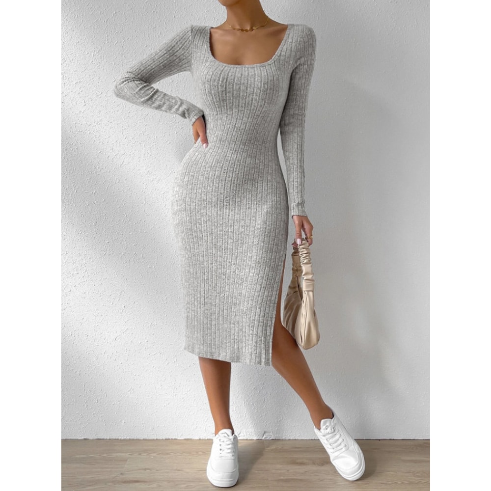 Casual Long Sleeve Scoop Neck Midi Dress Womens Plain Split Thigh Ribbed Bodycon Dress For Fall And 3