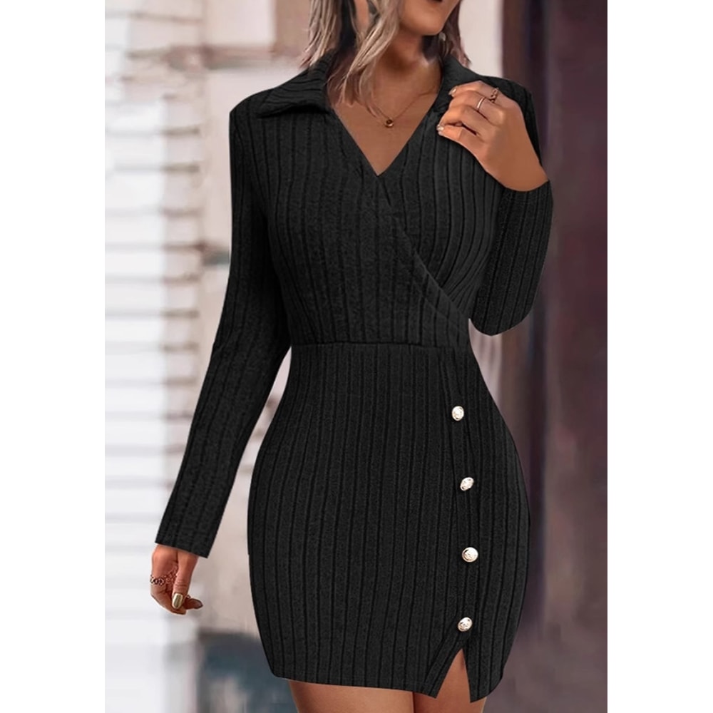 Solid color V-neck fitted bodycon long sleeve dress for women, new autumn and winter style from Europe and America