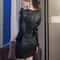 Women Spring Autumn Retro Black Faux Leather Mini Dress Puff Sleeve Square Neck Sheath Dress 3