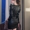 Women Spring Autumn Retro Black Faux Leather Mini Dress Puff Sleeve Square Neck Sheath Dress 3
